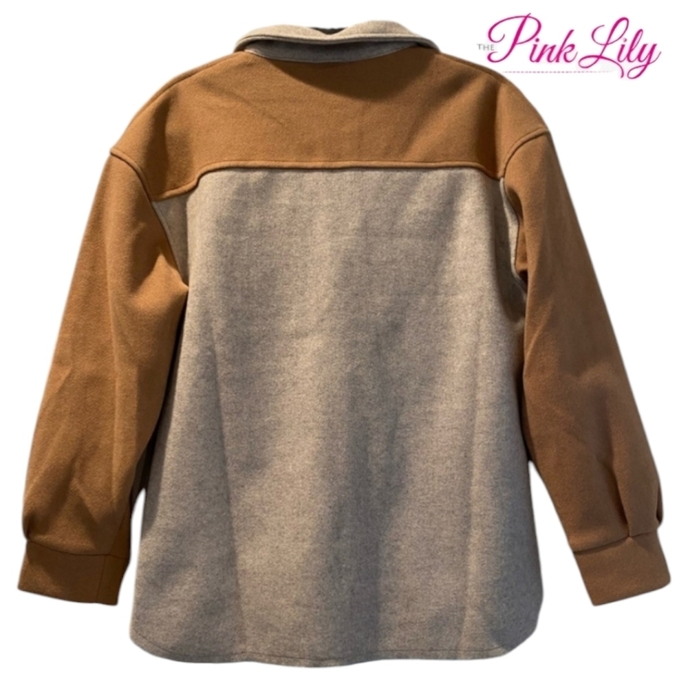 PINK LILY Shacket Pocketed Colorblock Shacket - Taupe/ Rust Size Medium - Picture 2 of 5